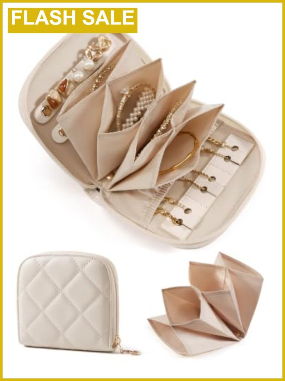 Travel Jewelry Case Leather Zip Organizer Rings Necklaces Expandable